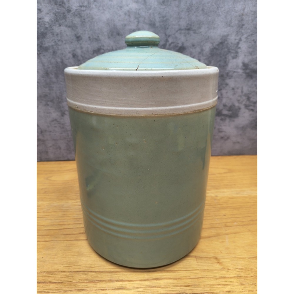 Vintage Antique Stoneware Cookie Storage Jar Green Art Deco Repaired Lid